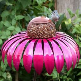 Cone Flower Bird Feeder Outdoor Garden Art Metal Bird Feeder Bring Support (Color: Blue)