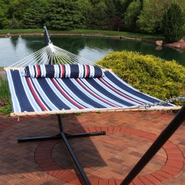 Heavy Duty Quilted Fabric Hammock Two-Person with Spreader Bars - 450 lb Weight Capacity (Color: Nautical Stripe, Material: polyester material)